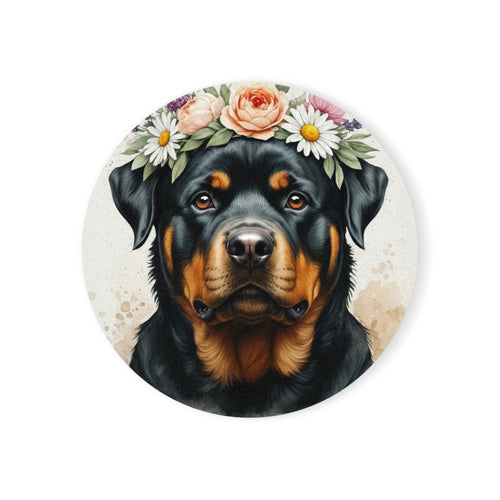 Rottweiler Watercolor Floral Crown Drink Coaster | Premium Dog Prints | Tritan
