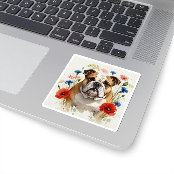 English Bulldog Watercolor Wildflower Field Kiss-Cut Stickers | Premium Dog Prints | Tritan — Lifestyle View