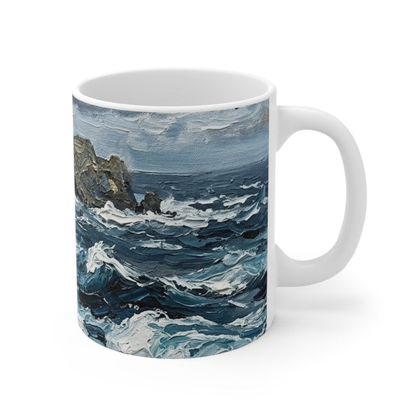 Australian Shepherd Coastal Cliffside Ceramic Mug 11oz | Acrylic Painting Style — Lifestyle View