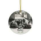Front of the personalized Yorkshire Terrier memorial ornament, ceramic, 2.9 inches, with the sample name Bailey