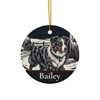Front of the personalized Australian Shepherd Christmas ornament, ceramic, 2.9 inches, with the sample name Bailey