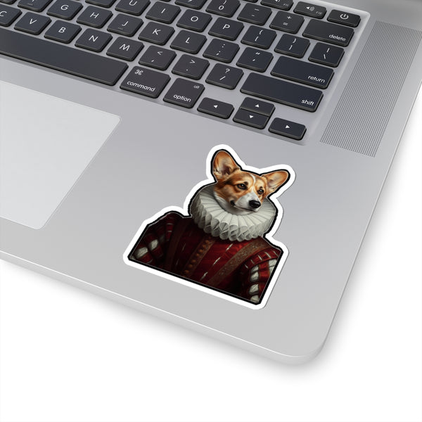 Corgi Renaissance Royal Portrait Sticker, Dog Portrait Vinyl Decal, Kiss-Cut Sticker, Corgi Lover Gift — Lifestyle View