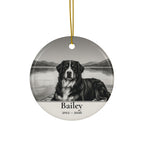Front of the personalized Bernese Mountain Dog memorial ornament, ceramic, 2.9 inches, with the sample name Bailey