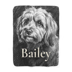 Personalized Havanese sherpa fleece blanket, charcoal-style portrait with the dog's name across the lower part