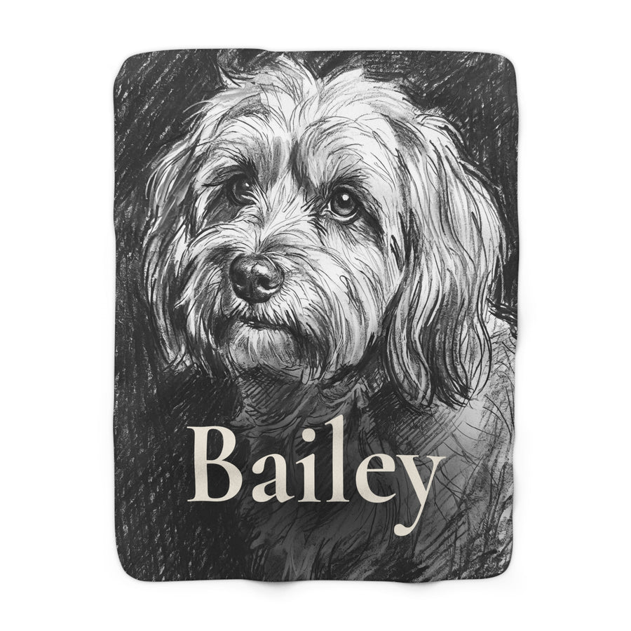 Personalized Havanese sherpa fleece blanket, charcoal-style portrait with the dog's name across the lower part
