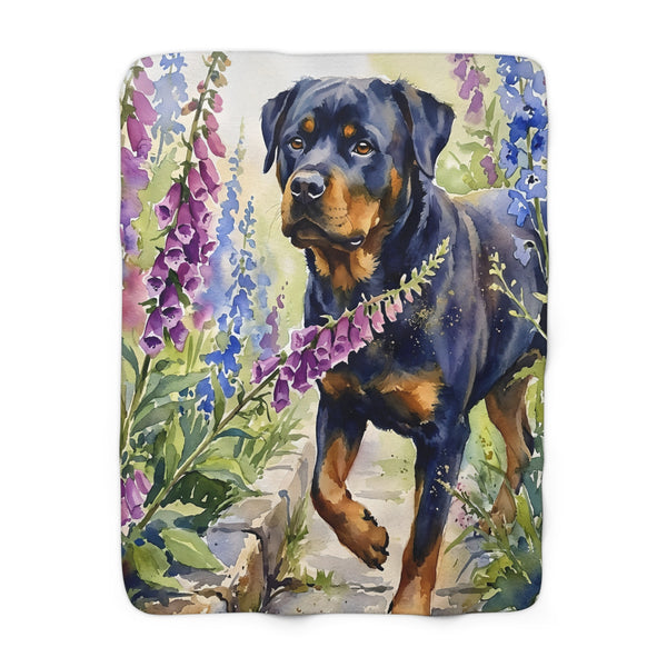 Rottweiler Watercolor Cottage Garden Throw Blanket | Premium Dog Art | Tritan