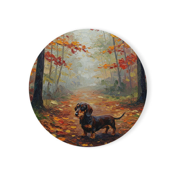 Acrylic Dachshund - Autumn Woods | Cork Back Coaster