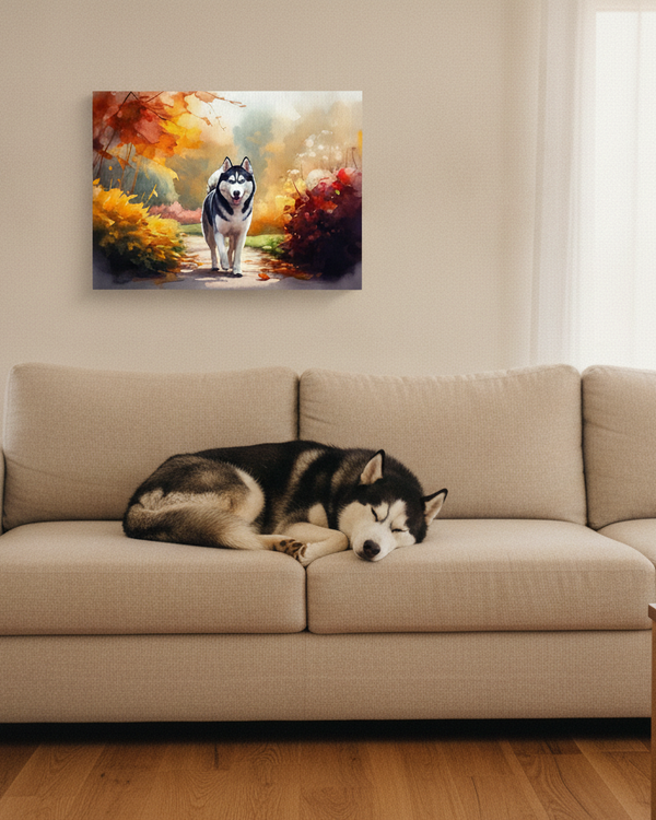 Siberian Husky Watercolor Painting Stretched Canvas Print | Dog Wall Art | Pet Lover Gift | Modern Home Decor for Dog Lovers — Lifestyle View