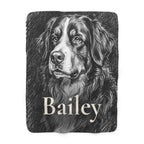 Personalized Bernese Mountain Dog sherpa fleece blanket, charcoal-style portrait with the dog's name across the lower part