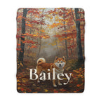 Personalized Shiba Inu sherpa fleece blanket, acrylic-style portrait with the dog's name across the lower part