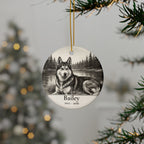 Personalized Siberian Husky memorial ornament hanging on a Christmas tree, shown with the sample name Bailey