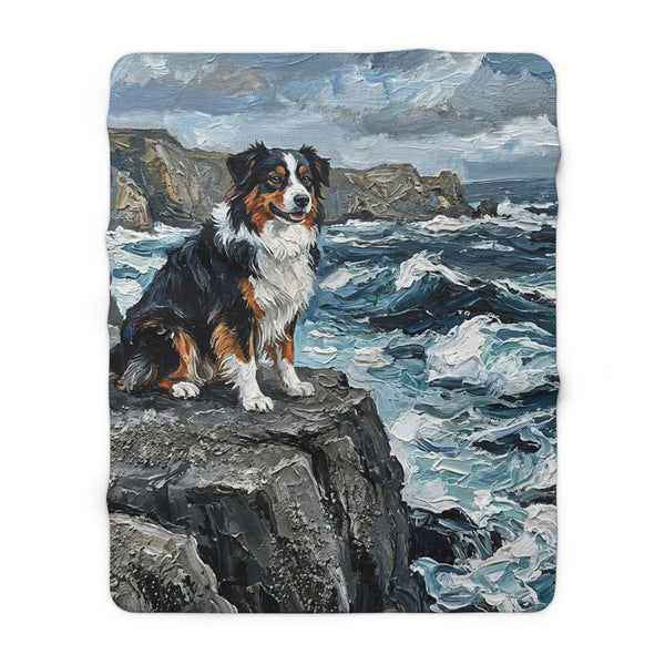 Acrylic Gallery Print Australian Shepherd - Coastal Cliffside | Sherpa Fleece Blanket