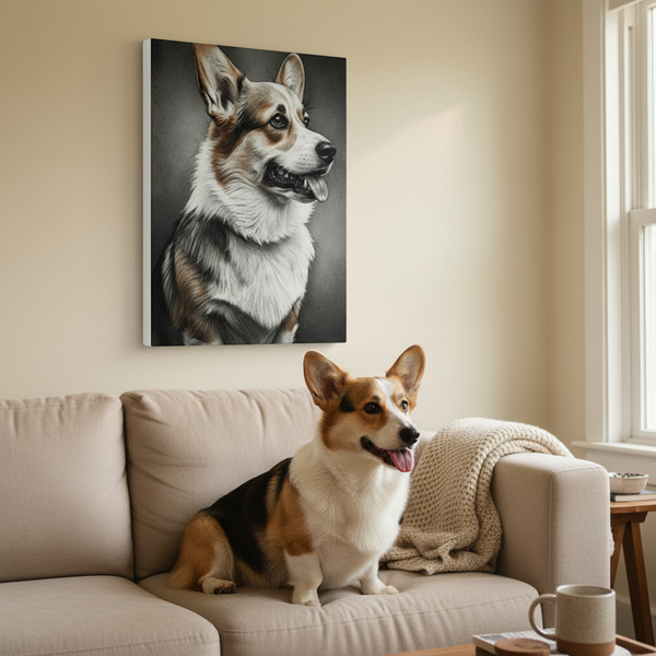 Corgi Charcoal Portrait Canvas Wall Art, Dog Lover Gift, Stretched Canvas Print, Pet Home Decor, Animal Art, Corgi Mom Dad Present — Lifestyle View