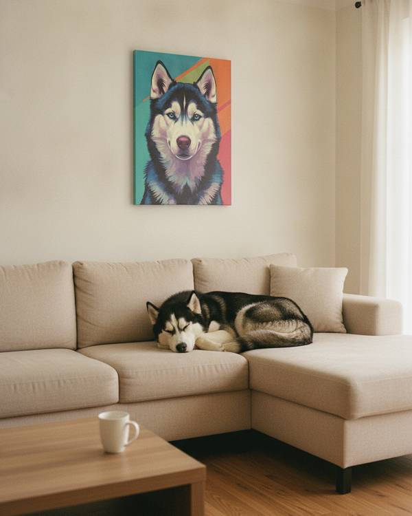 Siberian Husky Pop Art Canvas Print, Husky Wall Art Decor, Dog Lover Gift, Modern Pet Portrait — Lifestyle View