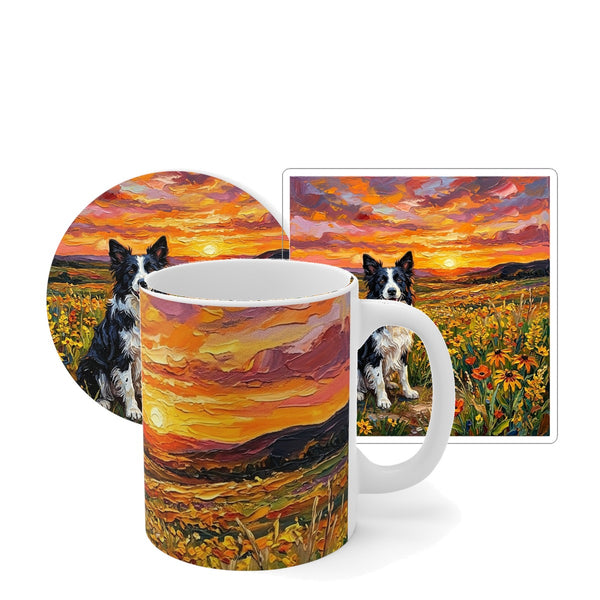 Border Collie Sunset Prairie Gift Set | Mug + Coaster + Sticker | Tritan