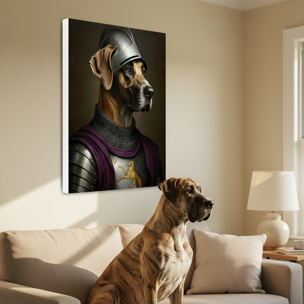 Great Dane Medieval Knight Portrait Canvas Wall Art, Regal Dog Painting, Great Dane Lover Gift, Stretched Canvas — Lifestyle View