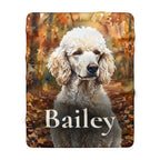 Personalized Poodle sherpa fleece blanket, watercolor-style portrait with the dog's name across the lower part