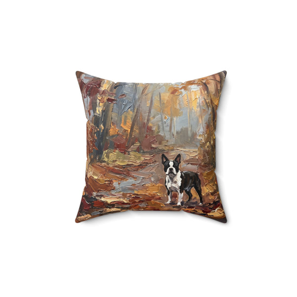 Boston Terrier Acrylic Painting Pillow. Autumn Woods Dog Art Decor. Pet Lover Gift.