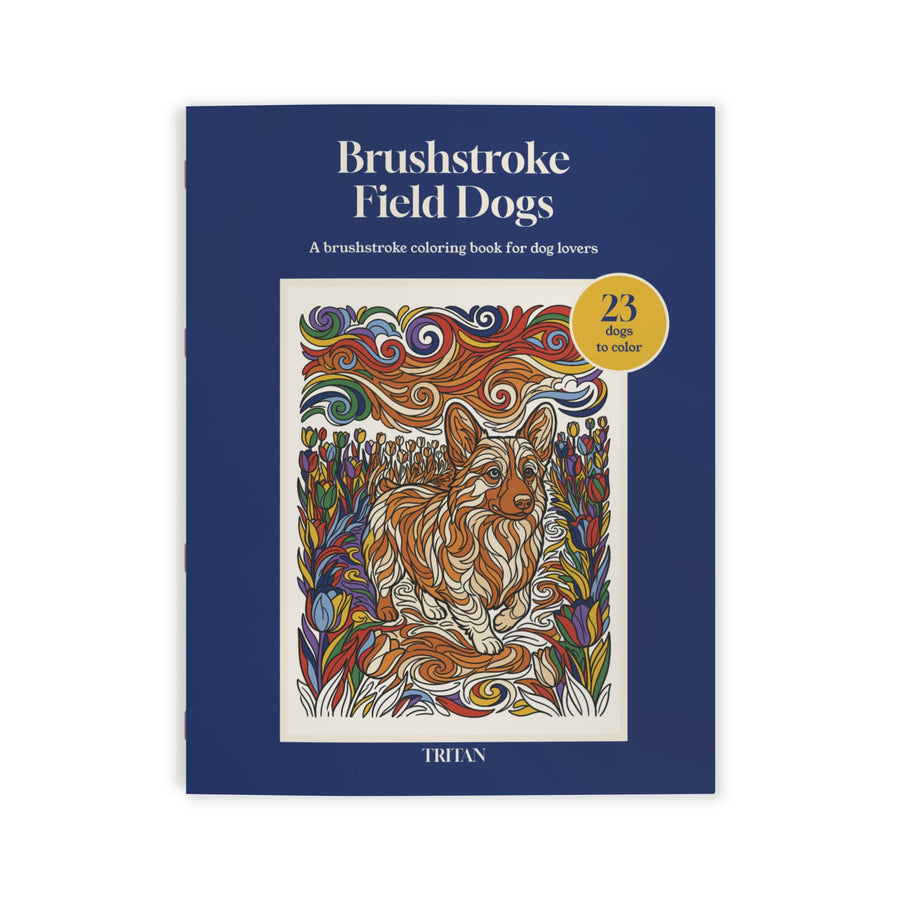 Brushstroke Field Dogs coloring book, front cover: a Corgi in a field of tulips under a swirling sky