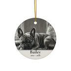 Front of the personalized French Bulldog memorial ornament, ceramic, 2.9 inches, with the sample name Bailey