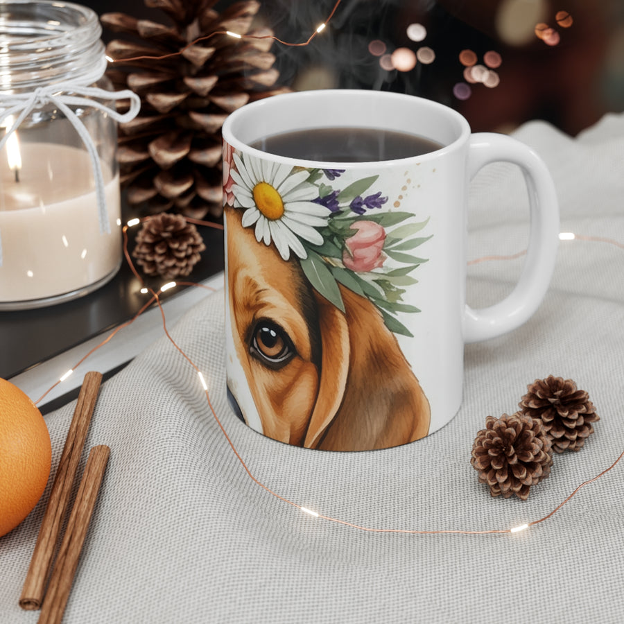 Beagle Watercolor Floral Crown Coffee Mug | Premium Dog Prints | Tritan — detail view