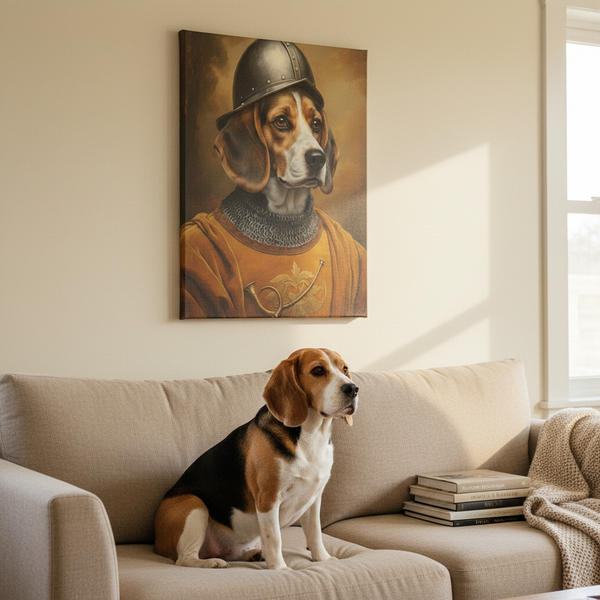 Beagle Medieval Knight Portrait Canvas Wall Art, Regal Dog Painting, Beagle Lover Gift, Stretched Canvas — Lifestyle View