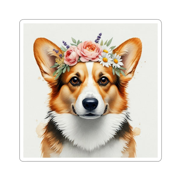 Corgi Watercolor Floral Crown Kiss-Cut Stickers | Premium Dog Prints | Tritan