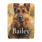 Personalized German Shepherd sherpa fleece blanket, watercolor-style portrait with the dog's name across the lower part