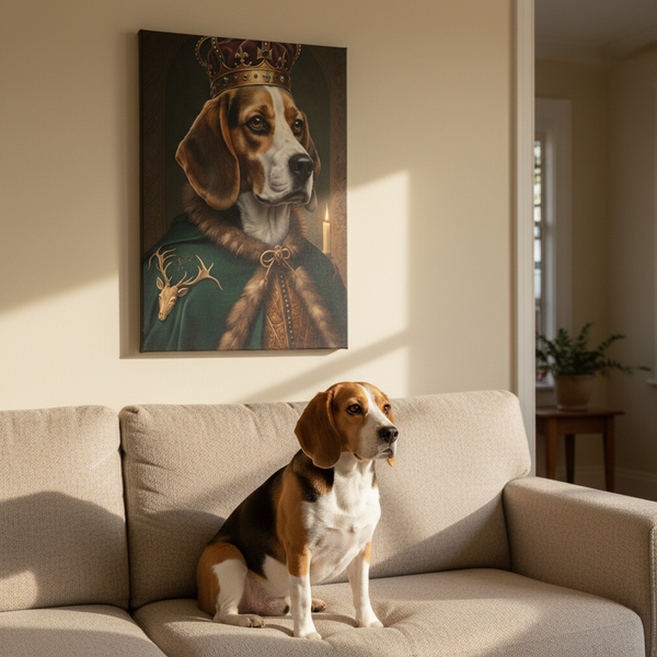 Beagle Renaissance Royal Portrait Canvas Wall Art, Regal Dog Painting, Beagle Lover Gift, Stretched Canvas — Lifestyle View