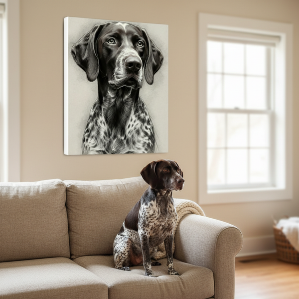 German Shorthaired Pointer Charcoal Portrait Canvas Print | GSP Dog Wall Art Gift — Lifestyle View
