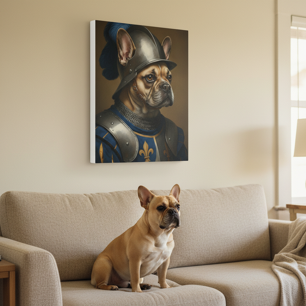 French Bulldog Medieval Knight Portrait Canvas Wall Art, Regal Dog Painting, French Bulldog Lover Gift, Stretched Canvas — Lifestyle View