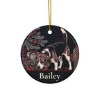 Front of the personalized Beagle Christmas ornament, ceramic, 2.9 inches, with the sample name Bailey
