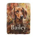 Personalized Dachshund sherpa fleece blanket, watercolor-style portrait with the dog's name across the lower part
