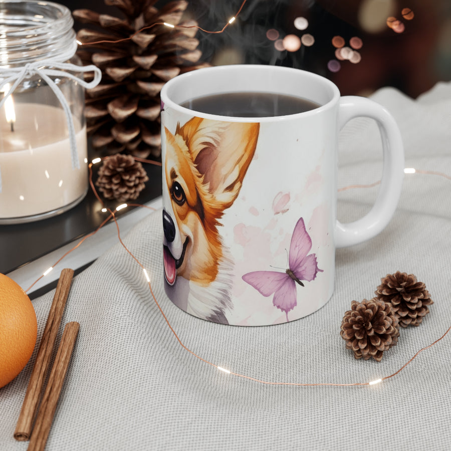Corgi Watercolor Butterfly Bloom Coffee Mug | Premium Dog Prints | Tritan — detail view