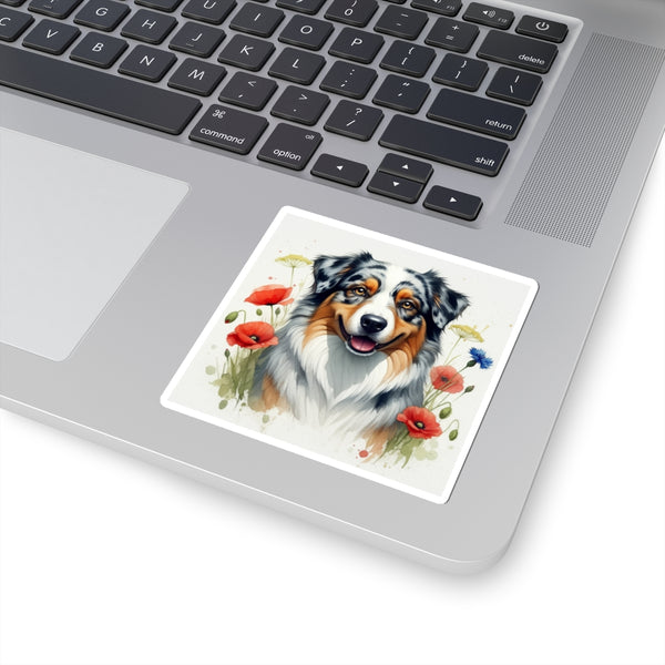 Australian Shepherd Watercolor Wildflower Field Kiss-Cut Stickers | Premium Dog Prints | Tritan — Lifestyle View