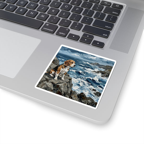 Beagle Coastal Cliffside Kiss-Cut Stickers | Acrylic Painting Style — Lifestyle View