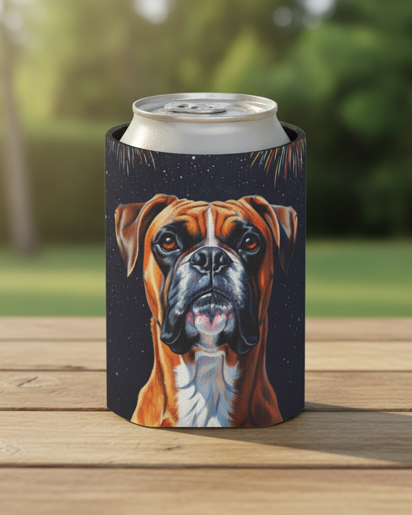 Boxer Can Cooler, America 250 Patriotic Dog Art Pattern, Boxer Dog Gift, Summer Party Favor, USA Flag Drinkware, Boxer Mom Dad Present