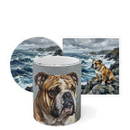 English Bulldog Coastal Cliffside Gift Set — mug, coaster and sticker gift set with matching dog art