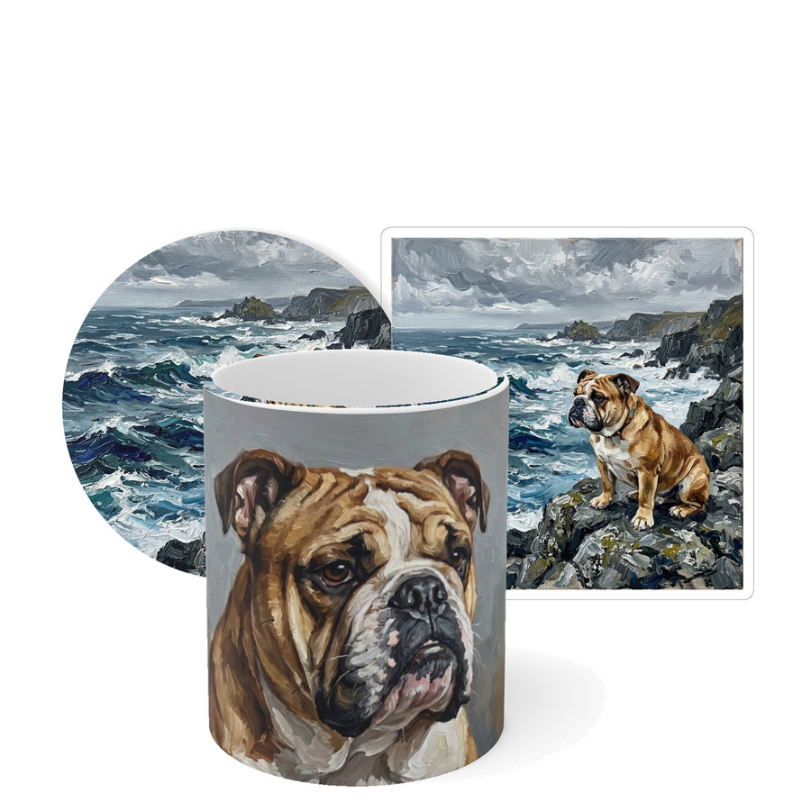 English Bulldog Coastal Cliffside Gift Set — mug, coaster and sticker gift set with matching dog art