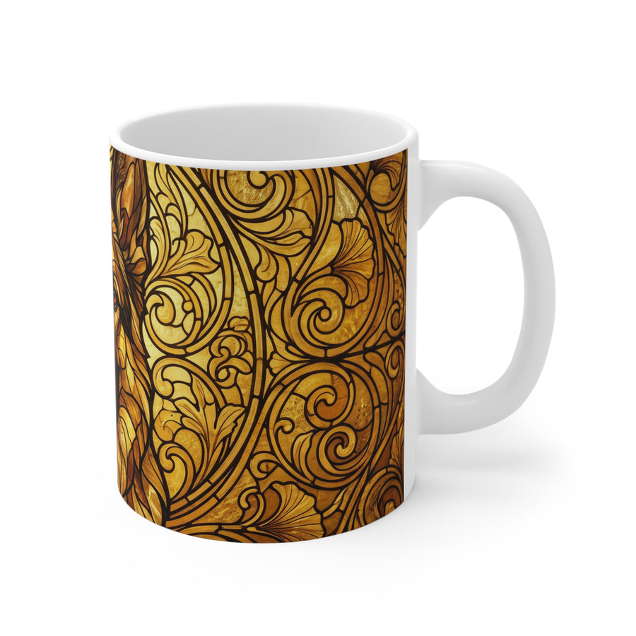 German Shepherd Stained Glass Monochrome Gold Ceramic Mug 11oz | Dog Lover Gift