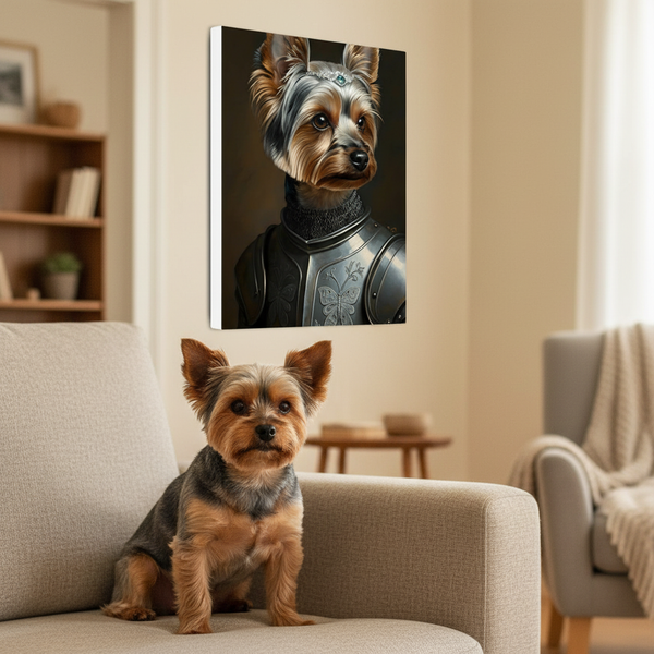 Yorkshire Terrier Medieval Knight Portrait Canvas Wall Art, Regal Dog Painting, Yorkshire Terrier Lover Gift, Stretched Canvas — Lifestyle View