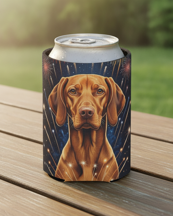 Vizsla America 250 Can Cooler, Patriotic Dog Pattern Drink Holder, Vizsla Mom Gift, Dog Dad Can Sleeve, Summer Party Decor