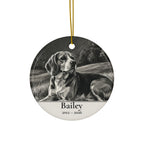 Front of the personalized Beagle memorial ornament, ceramic, 2.9 inches, with the sample name Bailey