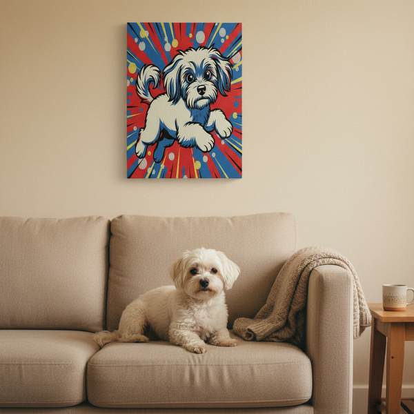Havanese Comic Pop Art Canvas Print - Energetic Dog Wall Art - Retro Halftone Style - Dynamic Pet Portrait — Lifestyle View