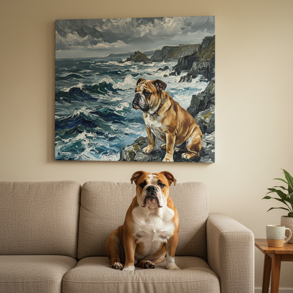 English Bulldog Canvas Wall Art Print | Dog Lover Gift | Pet Portrait | Modern Acrylic Painting Decor — Lifestyle View