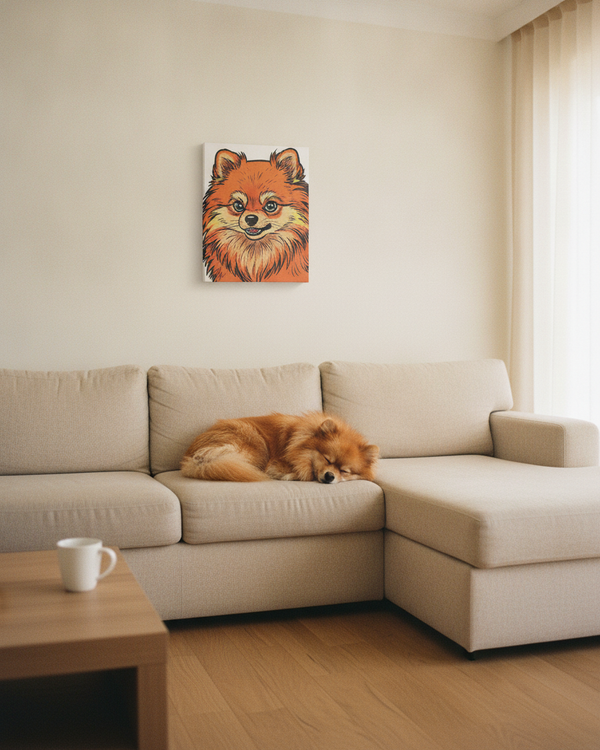 Comic Book Pomeranian Canvas — Bold Dog Wall Art — Lifestyle View