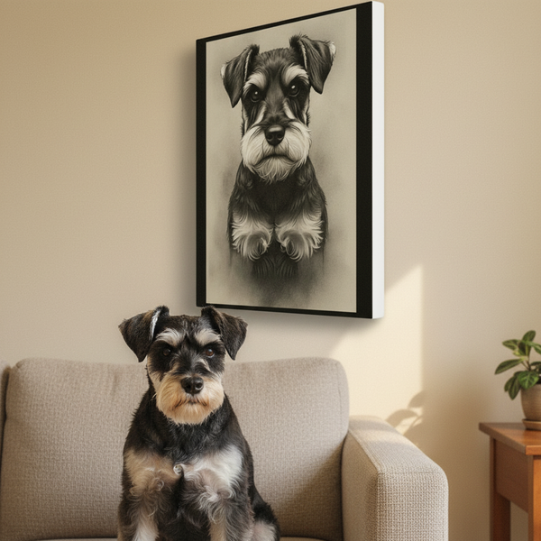 Miniature Schnauzer Charcoal Portrait Canvas Wall Art | Dog Lover Gift | Pet Memorial Decor | Custom Pet Art Print — Lifestyle View