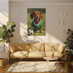 Dachshund Oil Painting Soccer Portrait Stretched Canvas Wall Art | Funny Dog Decor Gift | Pet Lover Home Art