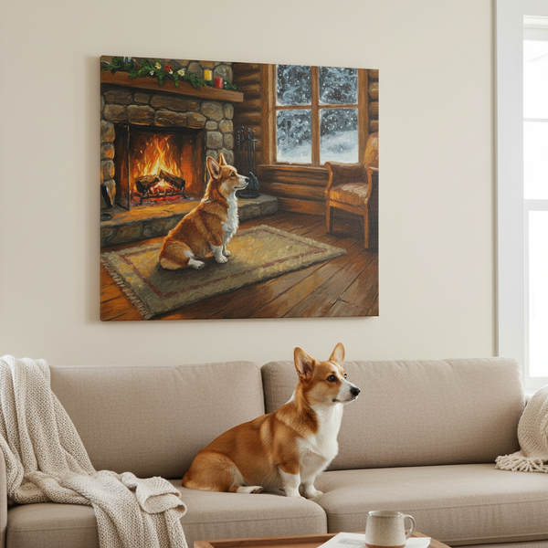 Corgi Acrylic Painting Canvas Wall Art, Dog Lover Gift, Stretched Canvas Print, Cute Pet Home Decor, Animal Art — Lifestyle View