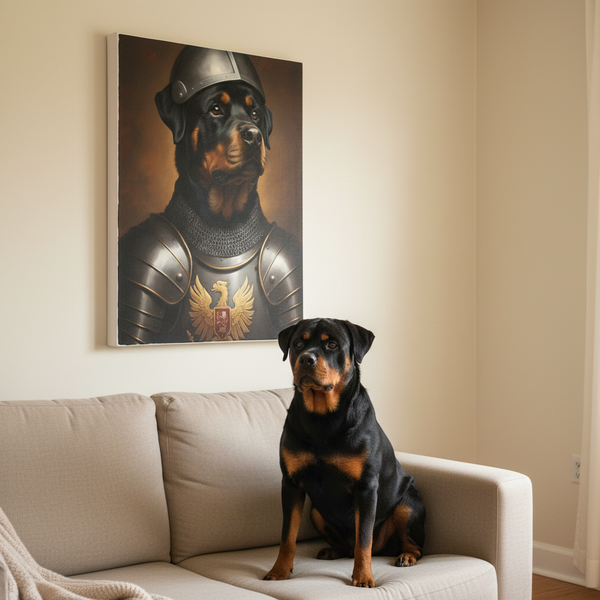 Rottweiler Medieval Knight Portrait Canvas Wall Art, Regal Dog Painting, Rottweiler Lover Gift, Stretched Canvas — Lifestyle View